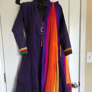 Indian long cotton chudidar dress purple orange